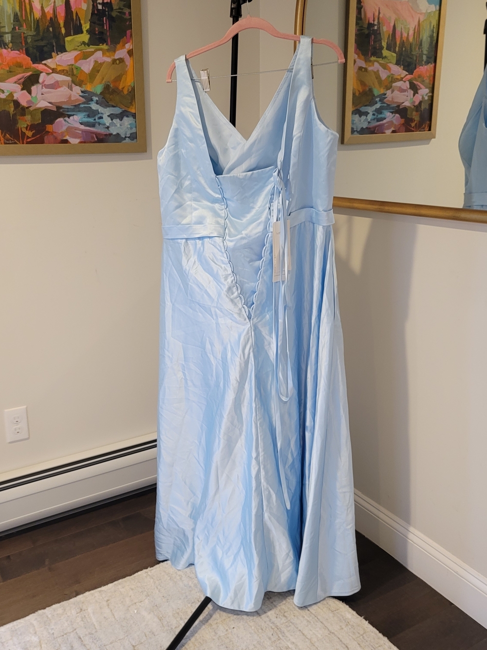 NWT MISS VEIL V Neck Satin Light Blue Gown Corseted Waist Tie Size 16 - Picture 4 of 12